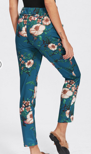Blue Floral Casual String Pants