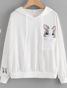 Baby Bunny Embroidered Long Sleeve White Hoodie