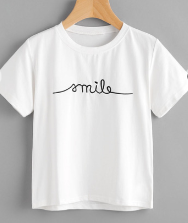 Smile Embroidered Soft Tee Shirt Fashion Top