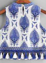 Load image into Gallery viewer, Blue Boho Tassle Crop Shirt Fashion Top
