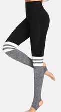 Load image into Gallery viewer, Hi Waist Black Gray Stripe Yoga Pilates Strirrup Leggings
