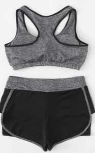 Gray Black Padded Sport Yoga Bra Top Lined Short Set