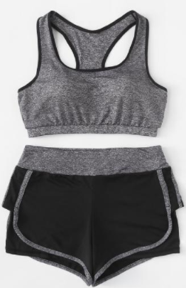 Gray Black Padded Sport Yoga Bra Top Lined Short Set