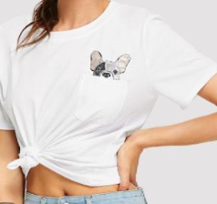 Cute Dog Embroidered Pocket Tie Tee Shirt Fashion Top