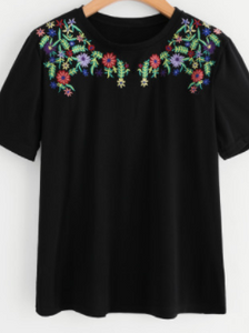 Embroidered Floral Black Tee Shirt Fashion Top