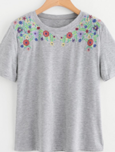 Embroidered Floral Tee Shirt Fashion Top