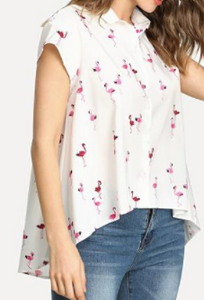 Flamingo Print Loose Button Down Shirt Fashion Soft Top