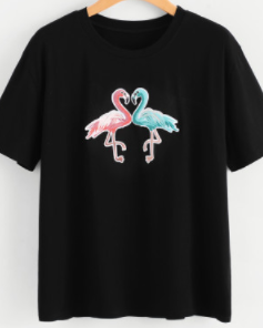 Black Embroidered Flamingo Tee Shirt Top
