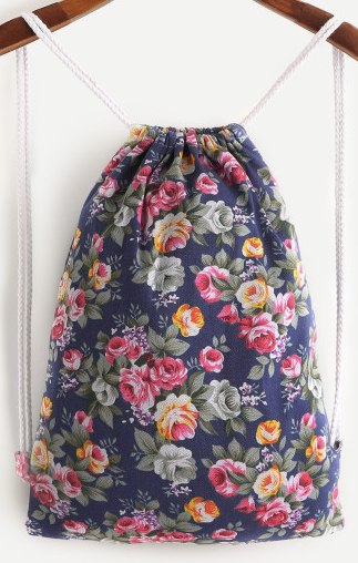 Blue Floral String Backpack Purse Bag