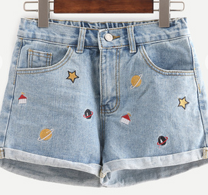 Planets Embroidered Pleaded Jean Shorts