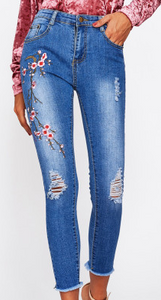 Embroidered Wash Floral Fashion Denim Jeans Pants