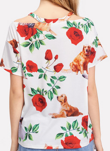 Vintage Style Dog Floral White Tee Shirt Fashion Top