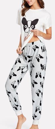 Dog Print Black White Sleepwear Shirt Pant Set
