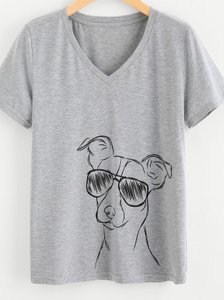 Sunglass Dog Graphic V Neck Tee Shirt Casual Top