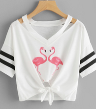 Load image into Gallery viewer, Flamingo Stripe V Neck Crop Tee Shirt Fashion Top
