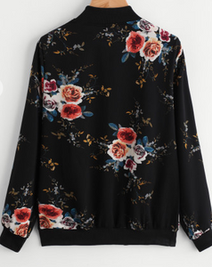 Black Floral Bomber Jacket Fashion Long Sleeve