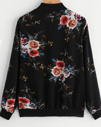 Black Floral Bomber Jacket Fashion Long Sleeve