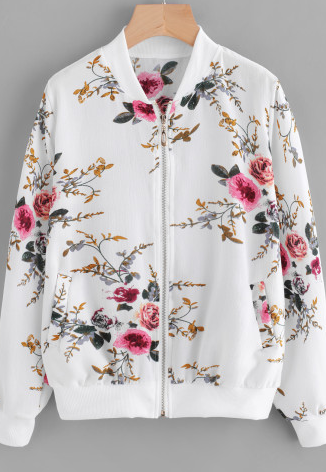 White Floral Bomber Fashion Jacket Long Sleeve