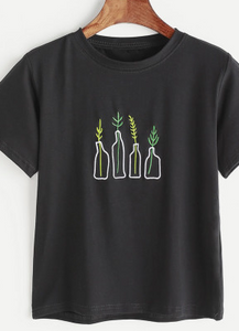 Embroidered Plants Black Tee Shirt Top