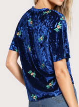 Load image into Gallery viewer, Soft Velvet Royal Blue Floral Embroidered Shirt Fashion Top

