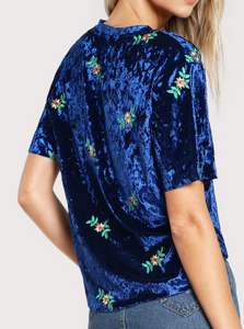 Soft Velvet Royal Blue Floral Embroidered Shirt Fashion Top