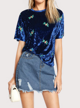 Load image into Gallery viewer, Soft Velvet Royal Blue Floral Embroidered Shirt Fashion Top
