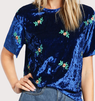 Soft Velvet Royal Blue Floral Embroidered Shirt Fashion Top