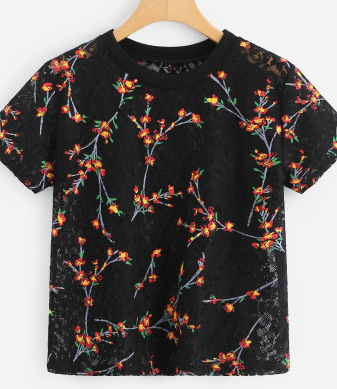 Laced Floral Black Tee Fashion Shirt Top