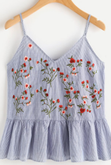 Strap Floral Embroidered Stripe Ruffle Top Cami Blouse