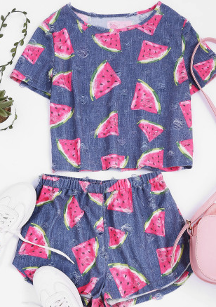Watermelon Print Tee Shirt Shorts Lounge Sleep Casual Fashion Wear Set