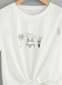 Palm Bikini Graphic White Tie Crop Tee Shirt