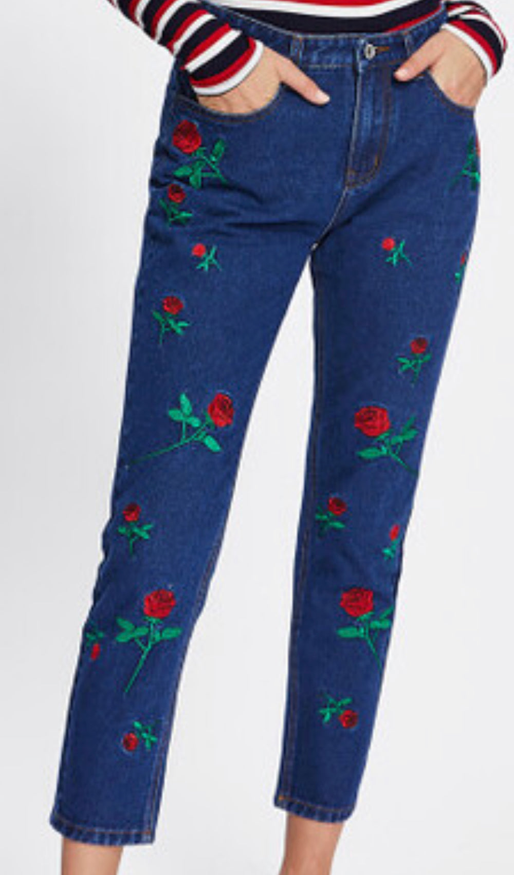 Rosé Embroidered Denim Jeans Fashion Pants