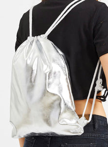 Silver Drawstring Purse Back Pack Bag