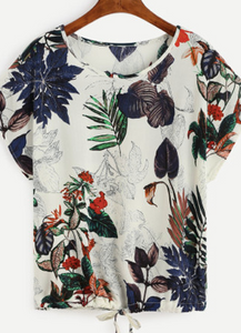 Floral Drawstring Loose Fashion Blouse Top Shirt